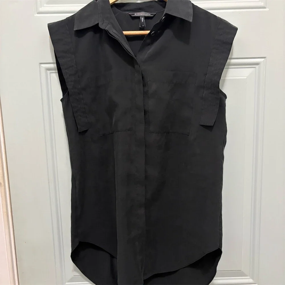 BCBGMAXAZRIA Blouse Womens Size S Black Sleeveless Button Front Hi-Low Top - Picture 1 of 9